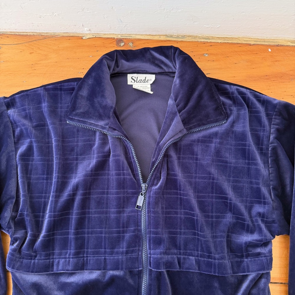 Vintage Slade Velour Track Jacket Petite M Blue Velvet Y2K Athleisure Zip Up - Picture 4 of 7